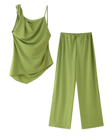 Asymmetrical Pleated Camisole And Wide-leg Pants Set