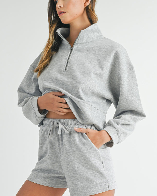 Light Grey Stand Neck Zipped Sweatshirt and Shorts Set