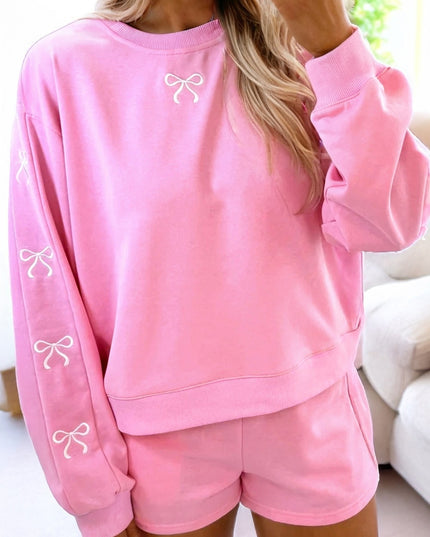 Sachet Pink Girly Bow Embroidered Detail Puff Sleeve Pullover 2pcs Short Set