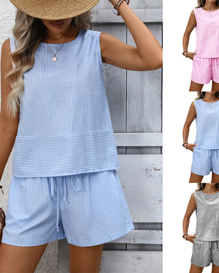 Womens Fashionable Casual Two-Piece Set Crew-Neck Sleeveless Tank Top And Shorts
