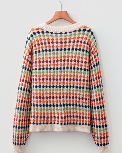 Multicolour Dotty Striped Pattern Knit Drop Shoulder Sweater