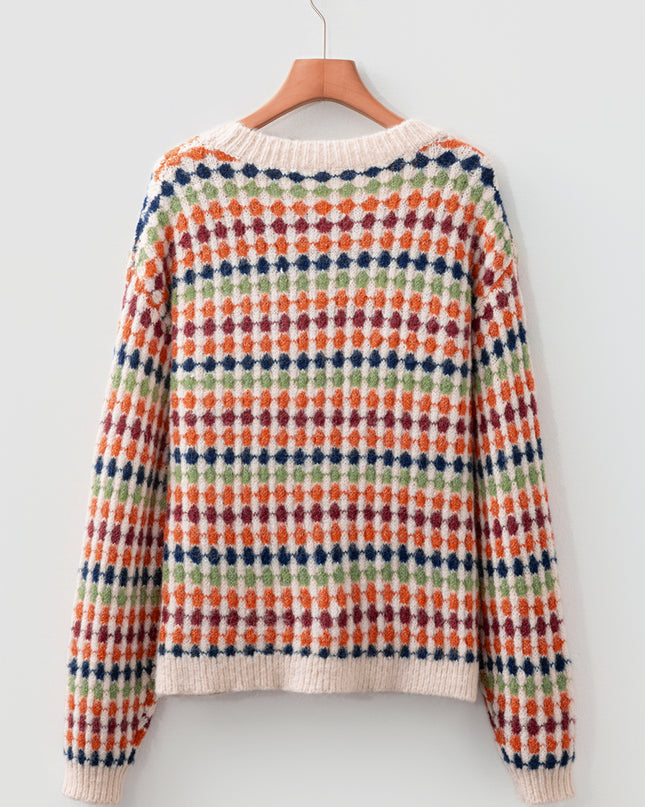 Multicolour Dotty Striped Pattern Knit Drop Shoulder Sweater