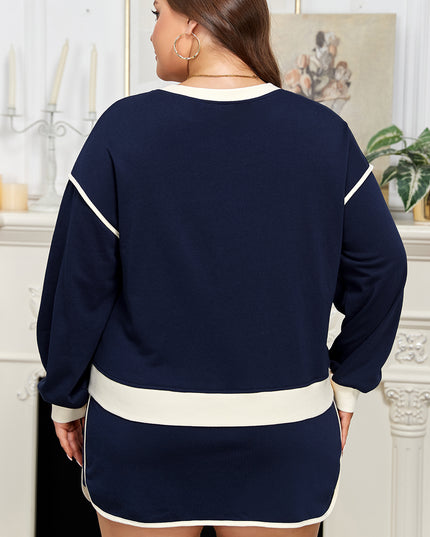 Navy Blue Plus Color Block Drop Shoulder Top and Lace-up Skirt Outfit