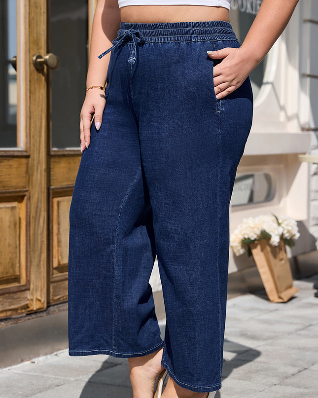 Real Teal Plus Size Drawstring High Waist Wide Leg Casual Jeans