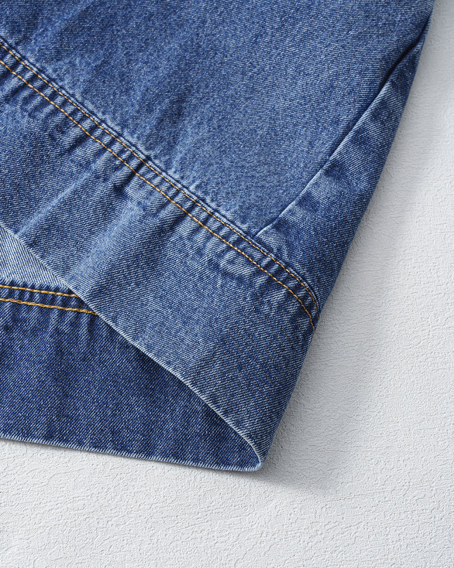 Blue Short Sleeve Collared Patched Pocket Denim Mini Dress