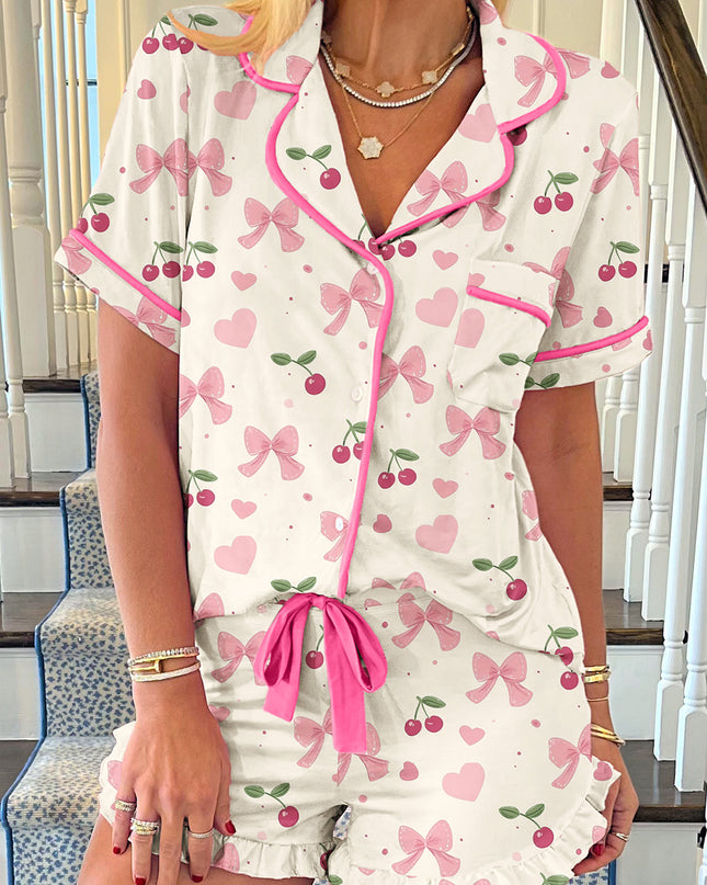 Pink Bow Print Contrast Pipping Short Pajamas Set