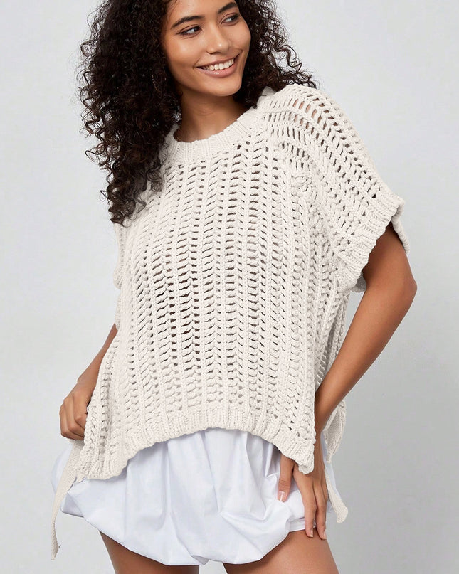 Ashleigh Blue Plus Size Open Knit Bow Tie Short Sleeve Sweater