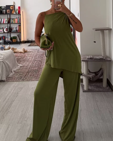 Asymmetrical Pleated Camisole And Wide-leg Pants Set