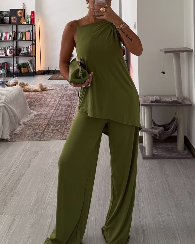 Asymmetrical Pleated Camisole And Wide-leg Pants Set