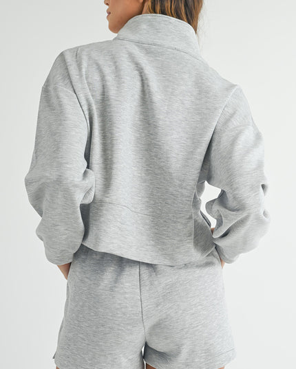 Light Grey Stand Neck Zipped Sweatshirt and Shorts Set