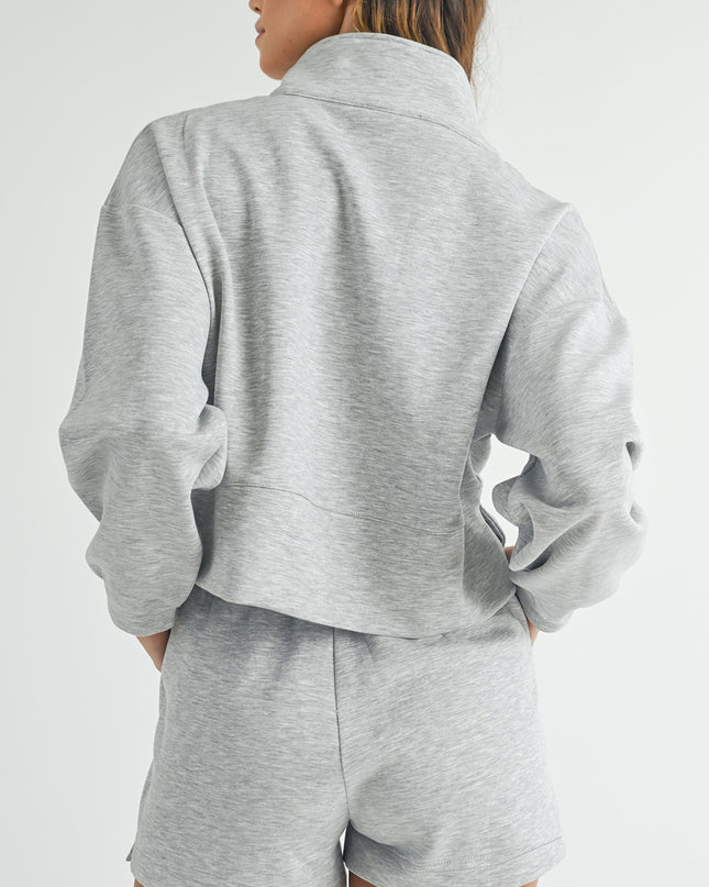 Light Grey Stand Neck Zipped Sweatshirt and Shorts Set