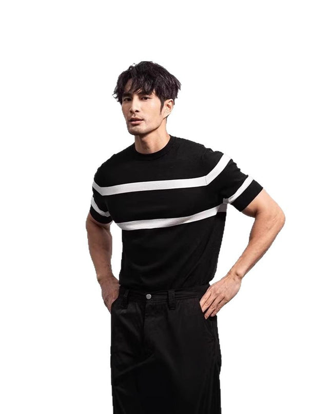 Men's Retro-style Round-neck Knitted Top With Ice Silk Short Sleeves
