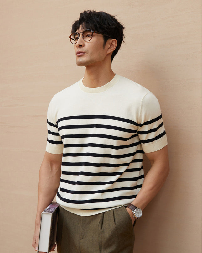 Summer New Short-sleeved Knitted Sweater Men's Striped Light Luxury Business Casual