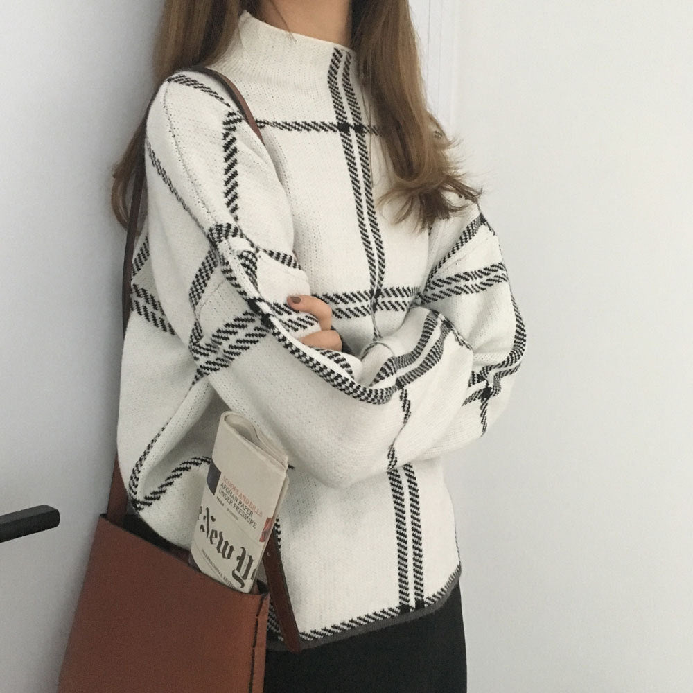 Core-spun high neck plaid sweater top