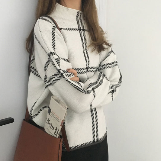 Core-spun high neck plaid sweater top
