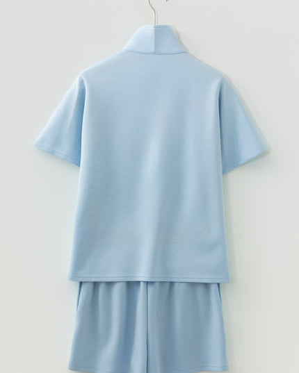 Beau Blue Solid Color Half Zip Loose Short Sleeve Sweatshirt 2pcs Set