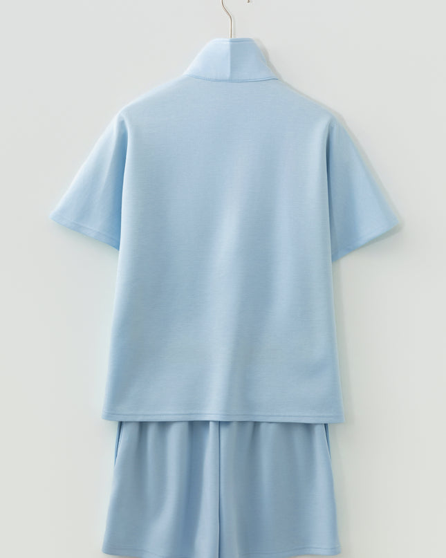 Beau Blue Solid Color Half Zip Loose Short Sleeve Sweatshirt 2pcs Set