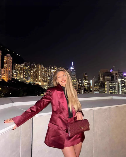 Burgundy Satin Fitted Waist Blazer And Skirt Set