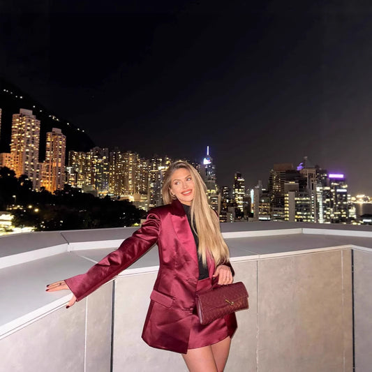 Burgundy Satin Fitted Waist Blazer And Skirt Set