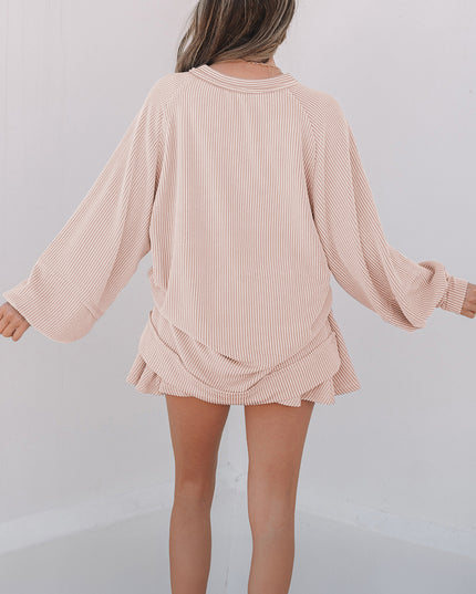 Sky Blue Corded Lantern Sleeve Top High Waist Ruffled Mini Skort Set
