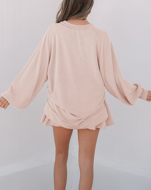 Sky Blue Corded Lantern Sleeve Top High Waist Ruffled Mini Skort Set