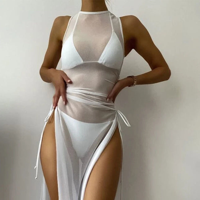 3 Piece set Swimsuit Solid Color Mesh with Split