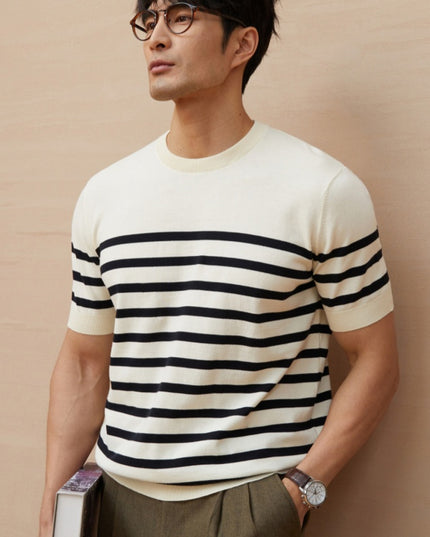 Summer New Short-sleeved Knitted Sweater Men's Striped Light Luxury Business Casual