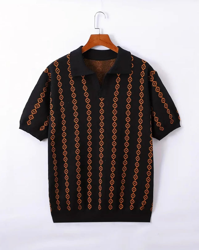 Men's Knitted Striped Polo Shirt Lapel Half Sleeve Jacquard T-shirt