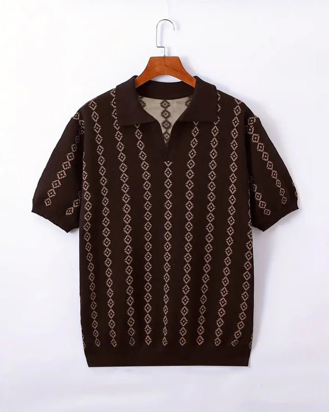 Men's Knitted Striped Polo Shirt Lapel Half Sleeve Jacquard T-shirt