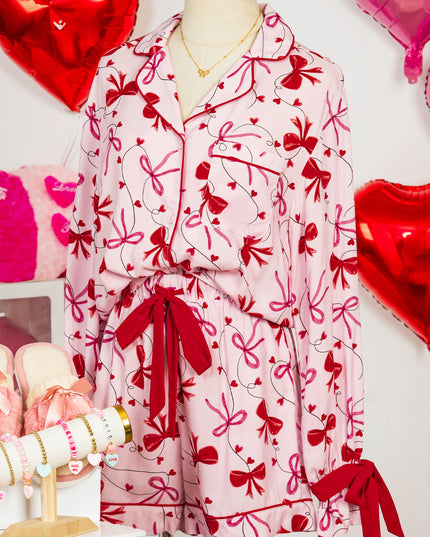 Red Bow Print Valentine Long Sleeve Shirt Shorts 2 Pcs Pajama Set