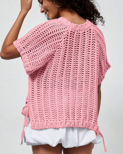Ashleigh Blue Plus Size Open Knit Bow Tie Short Sleeve Sweater