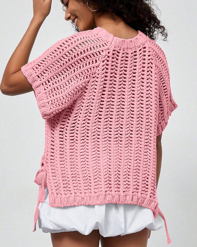 Ashleigh Blue Plus Size Open Knit Bow Tie Short Sleeve Sweater