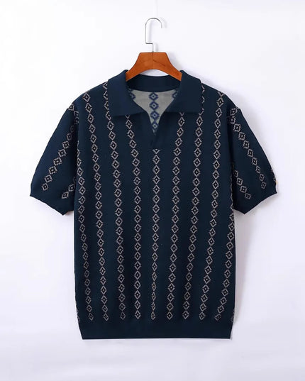 Men's Knitted Striped Polo Shirt Lapel Half Sleeve Jacquard T-shirt