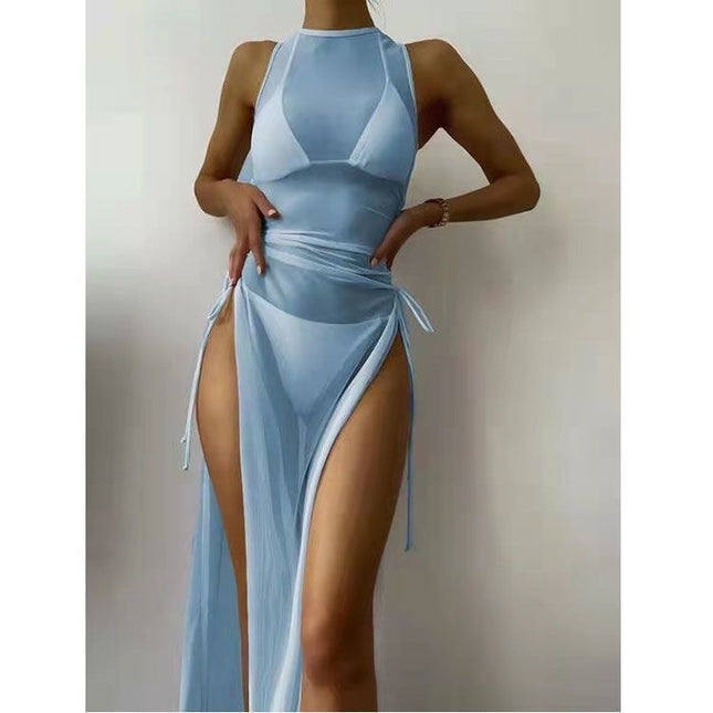 3 Piece set Swimsuit Solid Color Mesh with Split