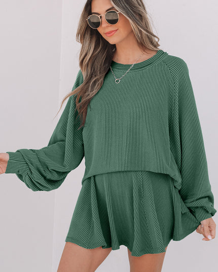 Sky Blue Corded Lantern Sleeve Top High Waist Ruffled Mini Skort Set