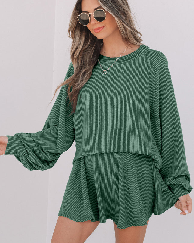 Sky Blue Corded Lantern Sleeve Top High Waist Ruffled Mini Skort Set