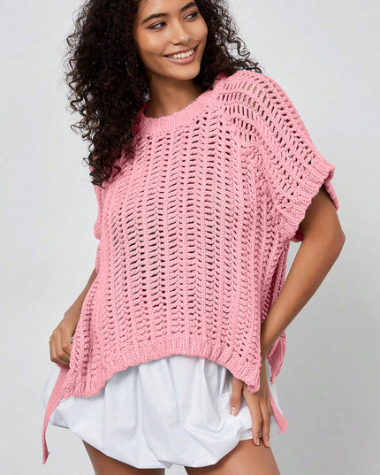 Ashleigh Blue Plus Size Open Knit Bow Tie Short Sleeve Sweater