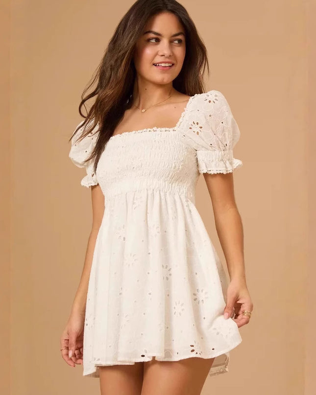 Vacation-style Sweet Embroidered Square-neck Dress