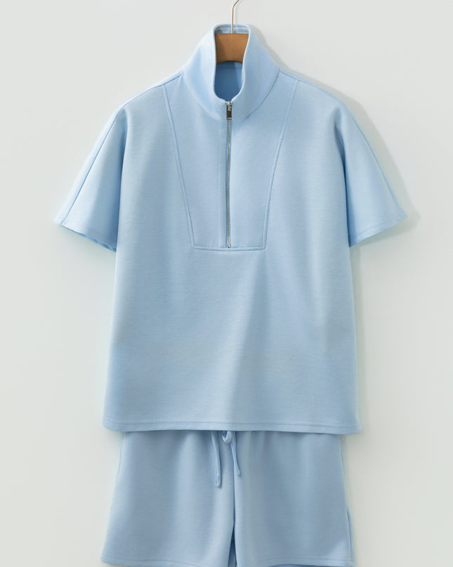Beau Blue Solid Color Half Zip Loose Short Sleeve Sweatshirt 2pcs Set