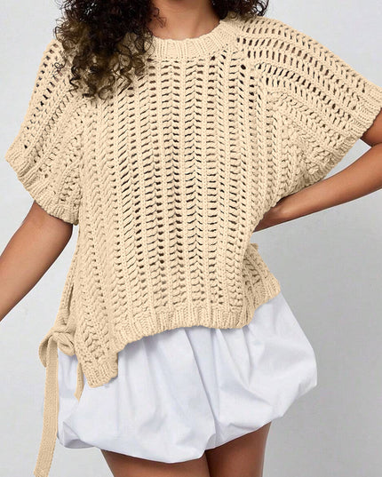 Ashleigh Blue Plus Size Open Knit Bow Tie Short Sleeve Sweater