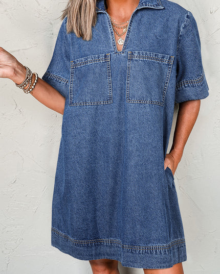 Blue Short Sleeve Collared Patched Pocket Denim Mini Dress