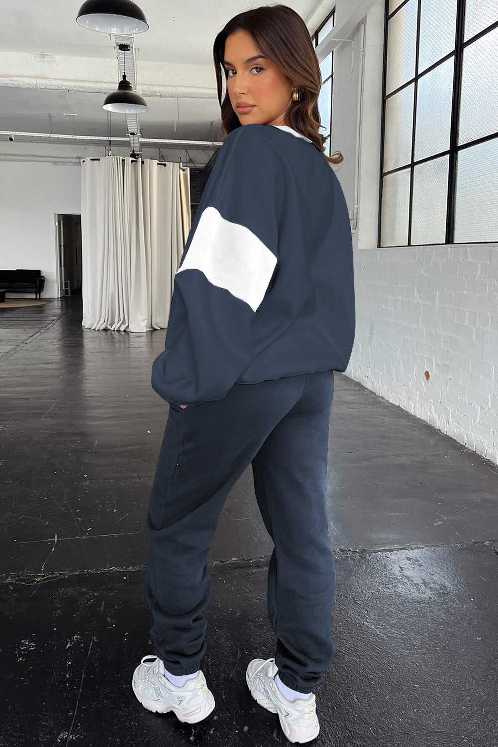 Navy Blue Drop Shoulder Loose Sweatshirt and Joggers Active Set