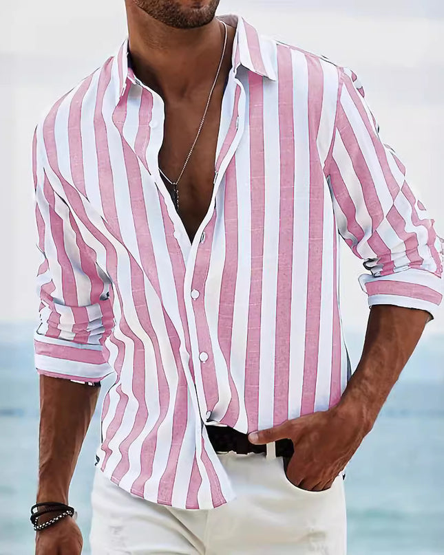 Men's Yarn-dyed Striped Casual Loose Long-sleeved Shirt