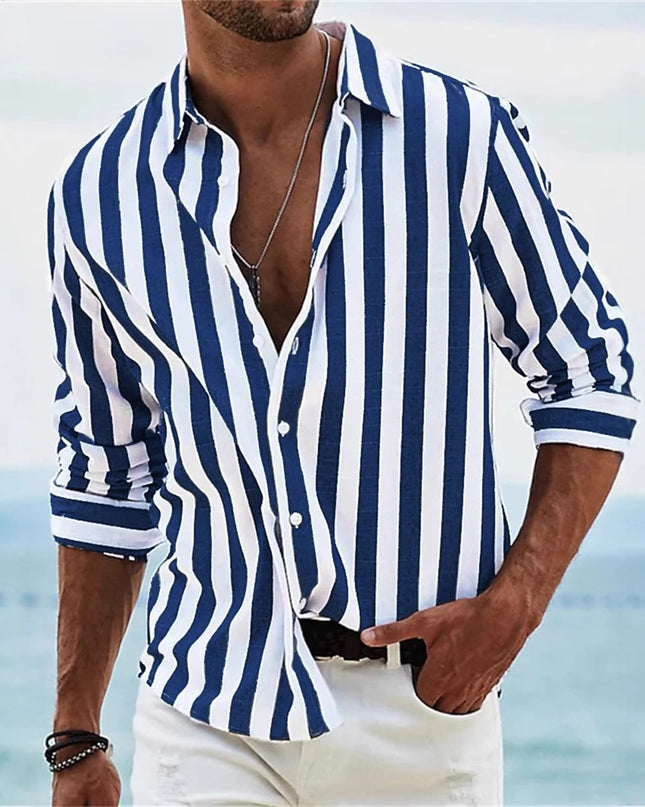 Men's Yarn-dyed Striped Casual Loose Long-sleeved Shirt