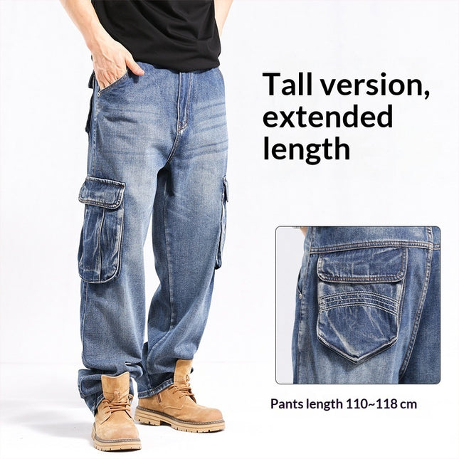 Tall Plus-size Stylish Wide-leg Jeans With Multiple Pockets