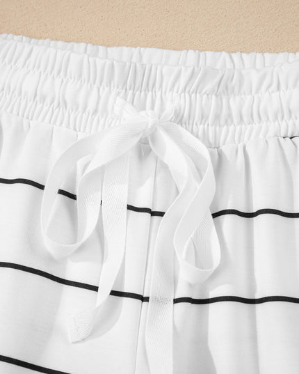 White Stripe Zip up Drop Shoulder Pullover and Short 2pcs Outfit