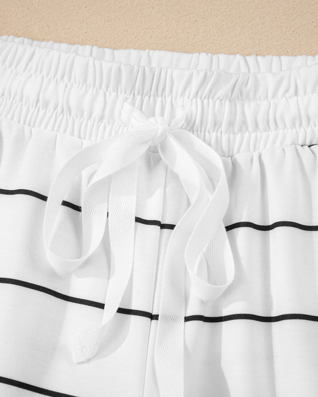 White Stripe Zip up Drop Shoulder Pullover and Short 2pcs Outfit