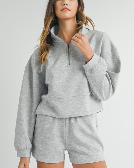 Light Grey Stand Neck Zipped Sweatshirt and Shorts Set