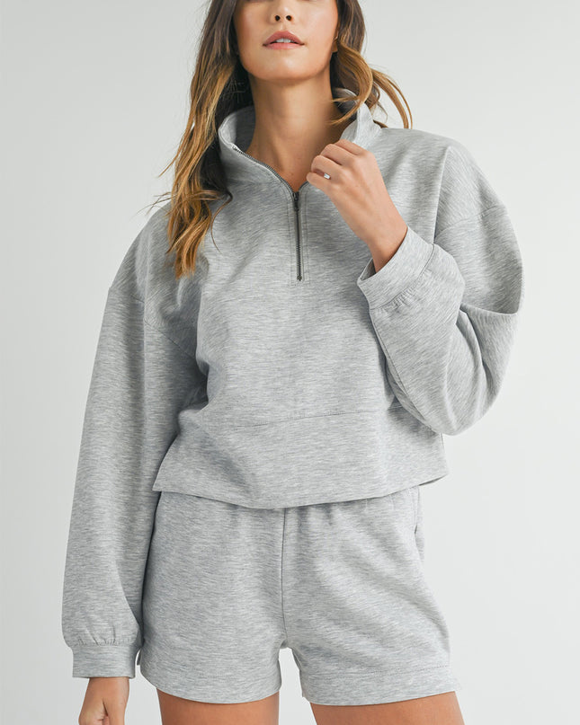 Light Grey Stand Neck Zipped Sweatshirt and Shorts Set