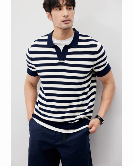 Summer New Ice Silk Short Sleeve Knitted Men's V-neck Lapel Slim